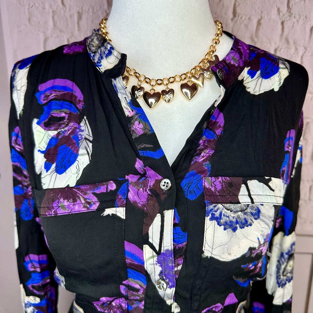 J. Crew Floral Patterned Top - Black, Purple, Blue, white size 2 blouse - Picture 5 of 9